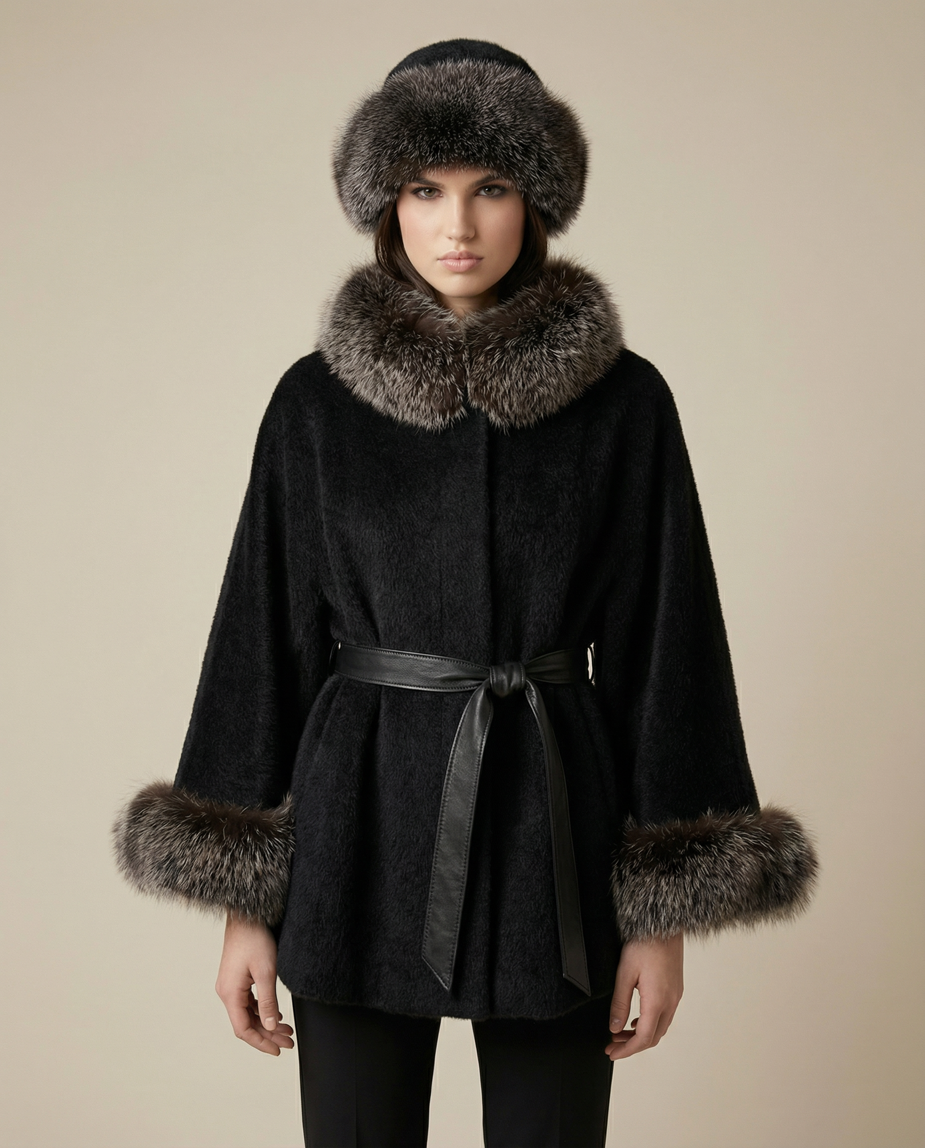 Pelliarts Signature Collection alpaca cape with fox fur trim and matching alpaca fur hat